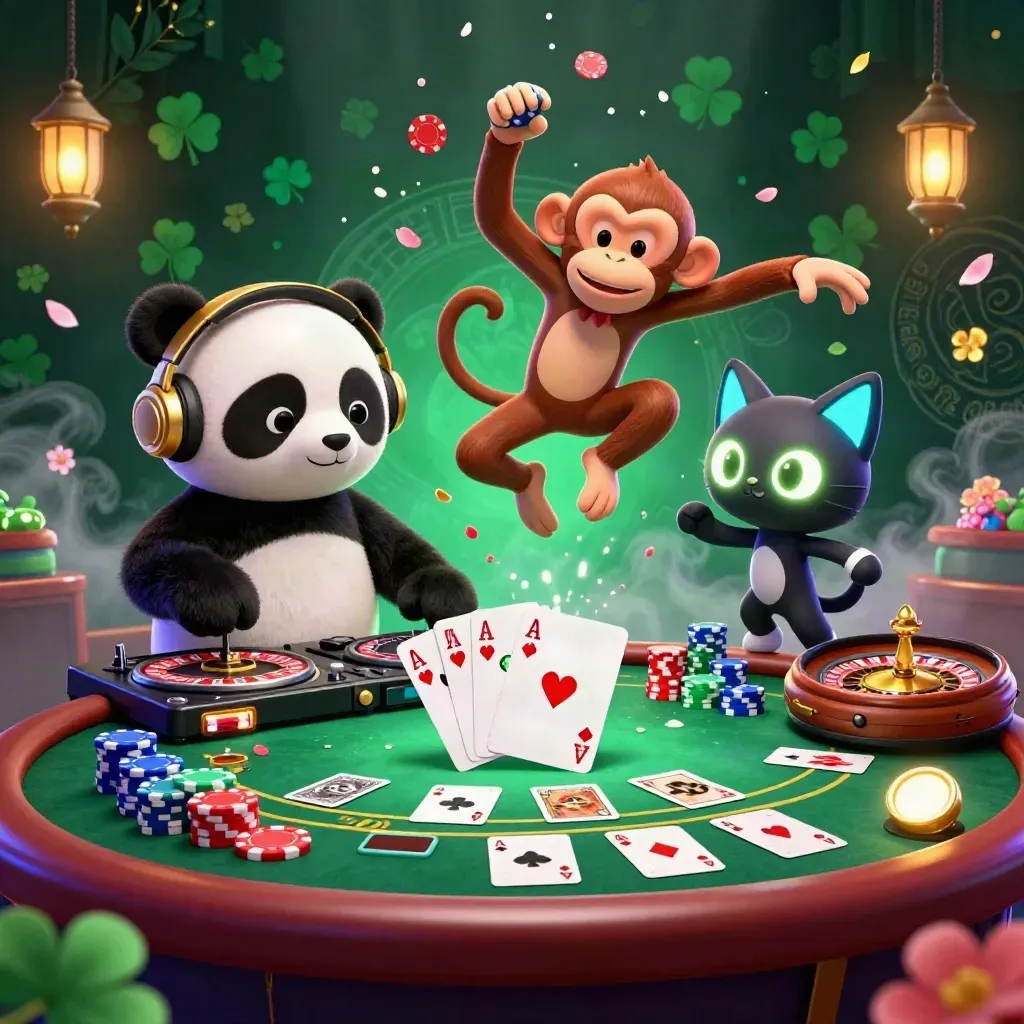 DJ-panda, dansende aap en glow-kitten bij poker- en roulettetafel in luxe casino