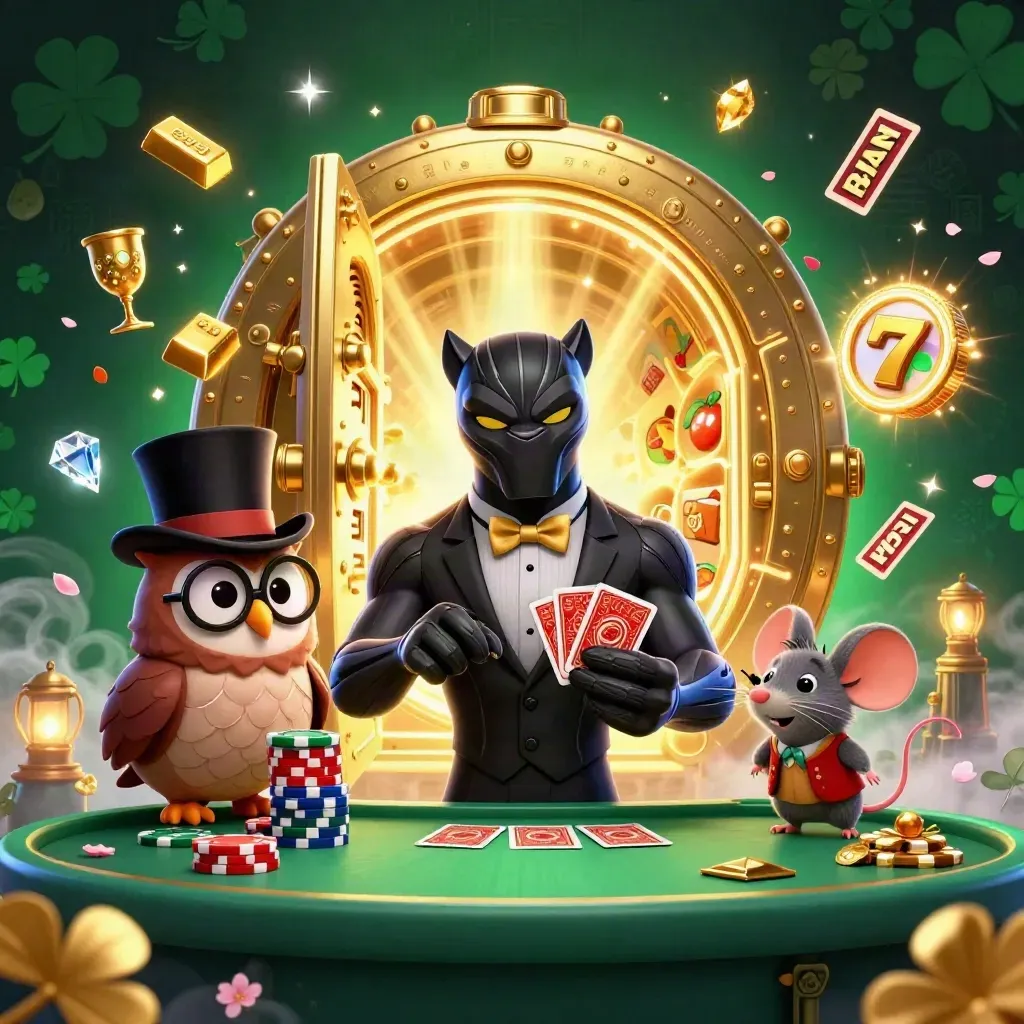 Zwarte panter, uil en muis rond een open goudkluis met neon-groene casino-glans.