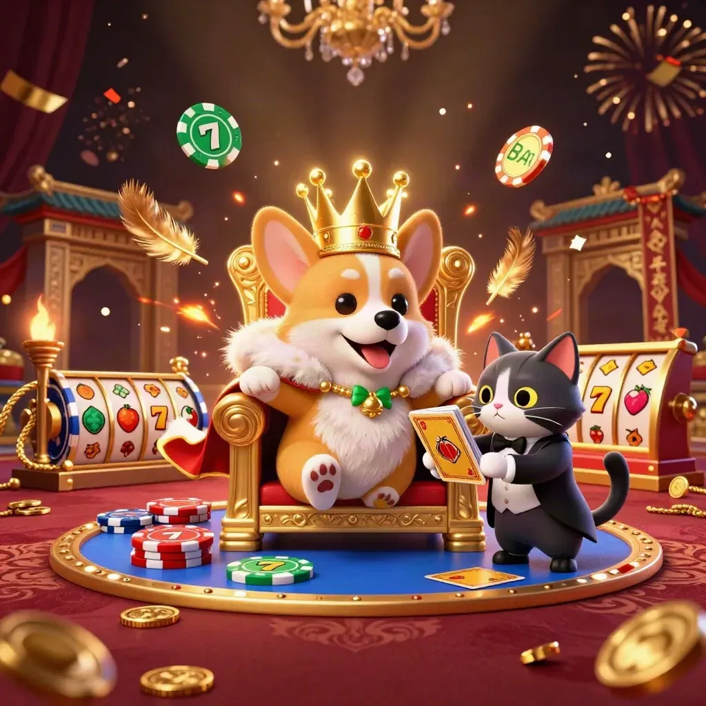 Koninklijke corgi en butlerkat op munten, met slotflitsen, vuurwerk en luxueuze casino-glans.