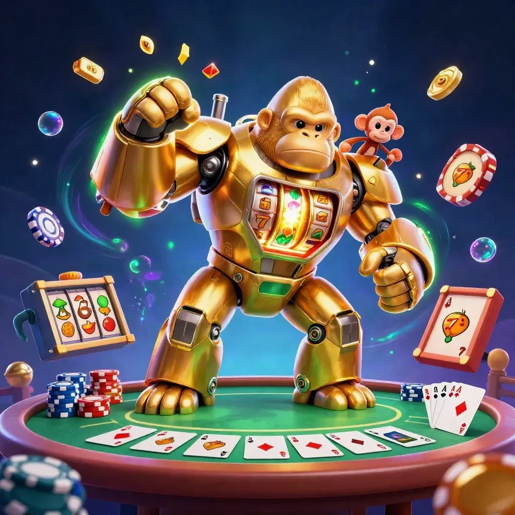 Gouden gorillamech met monkeypiloot, pokerchips en kaarten in neon casino-actie
