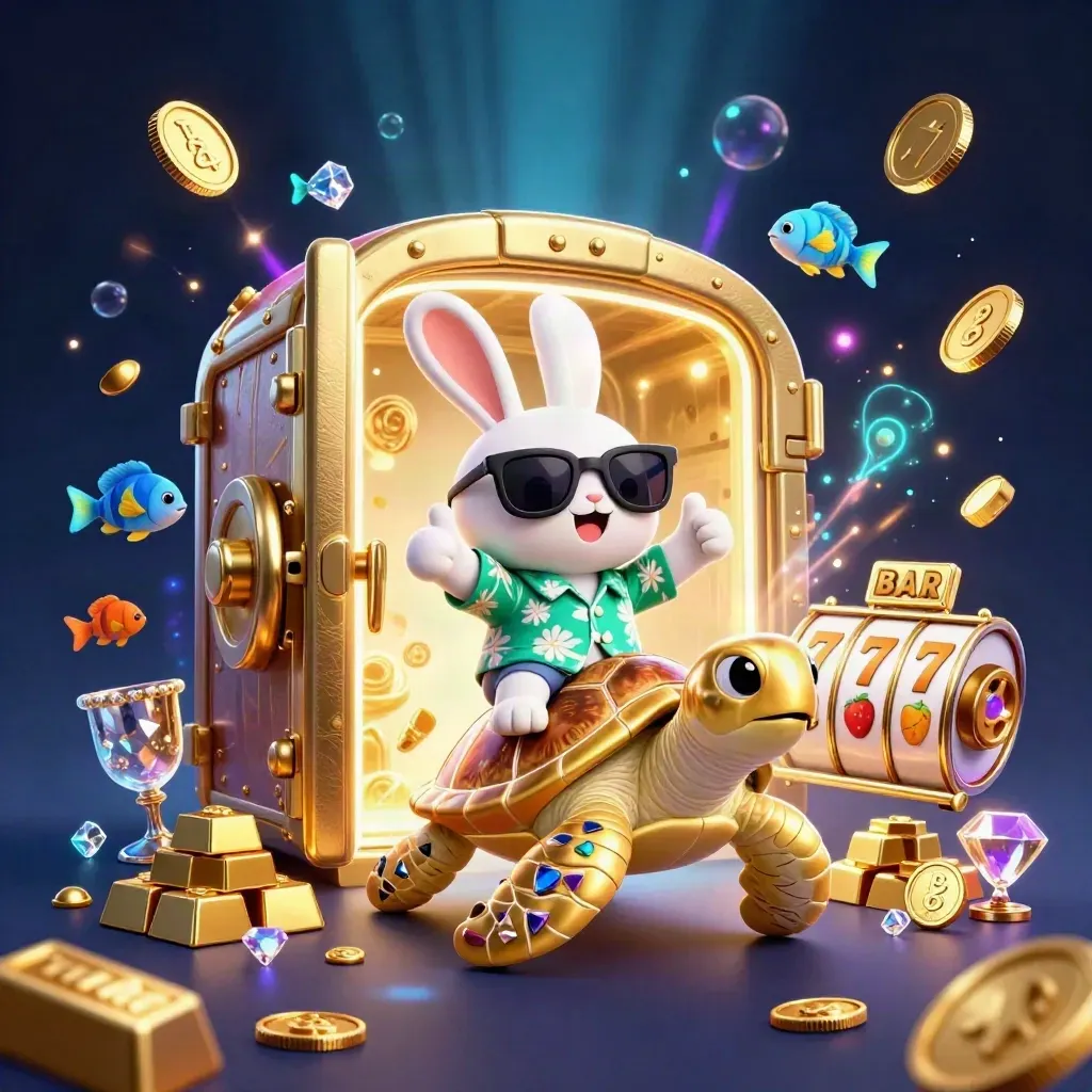 Konijn op gouden schildpad bij open schatkluis, coins, gems, vuurwerk en neon casino glow