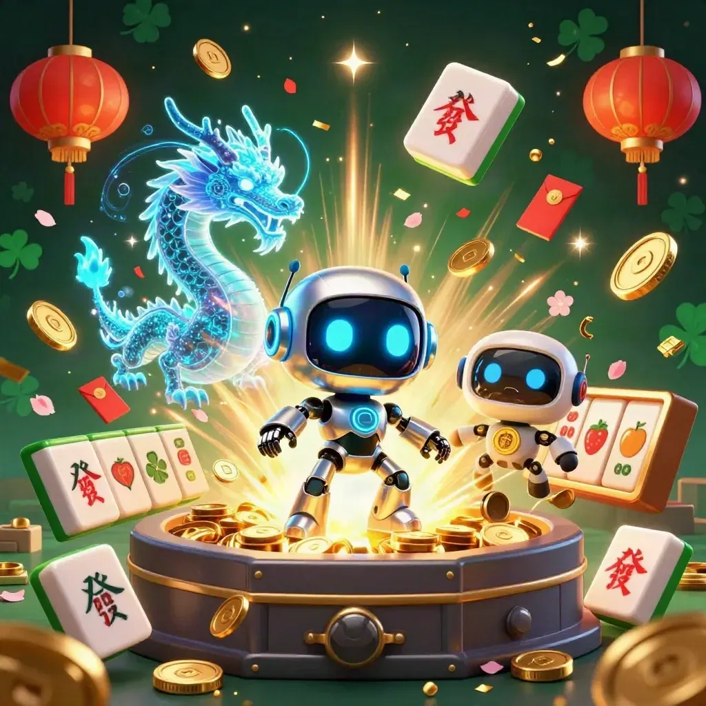 Cyberpunk robot, holografische draak en drone in casino-explosie met munten en vuurwerk.