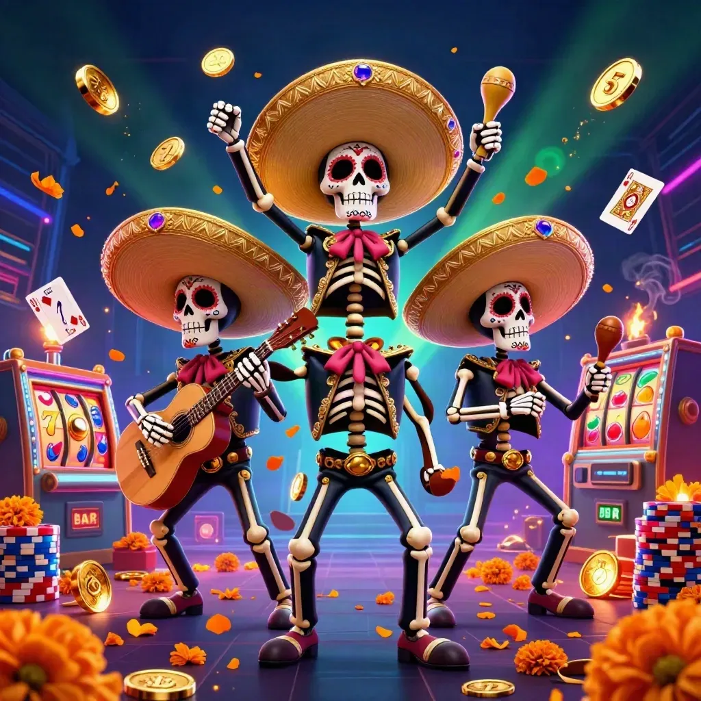 Drie skelet-mariachi’s met gouden sombreros, munten, roulettewiel en neon casino-actie.