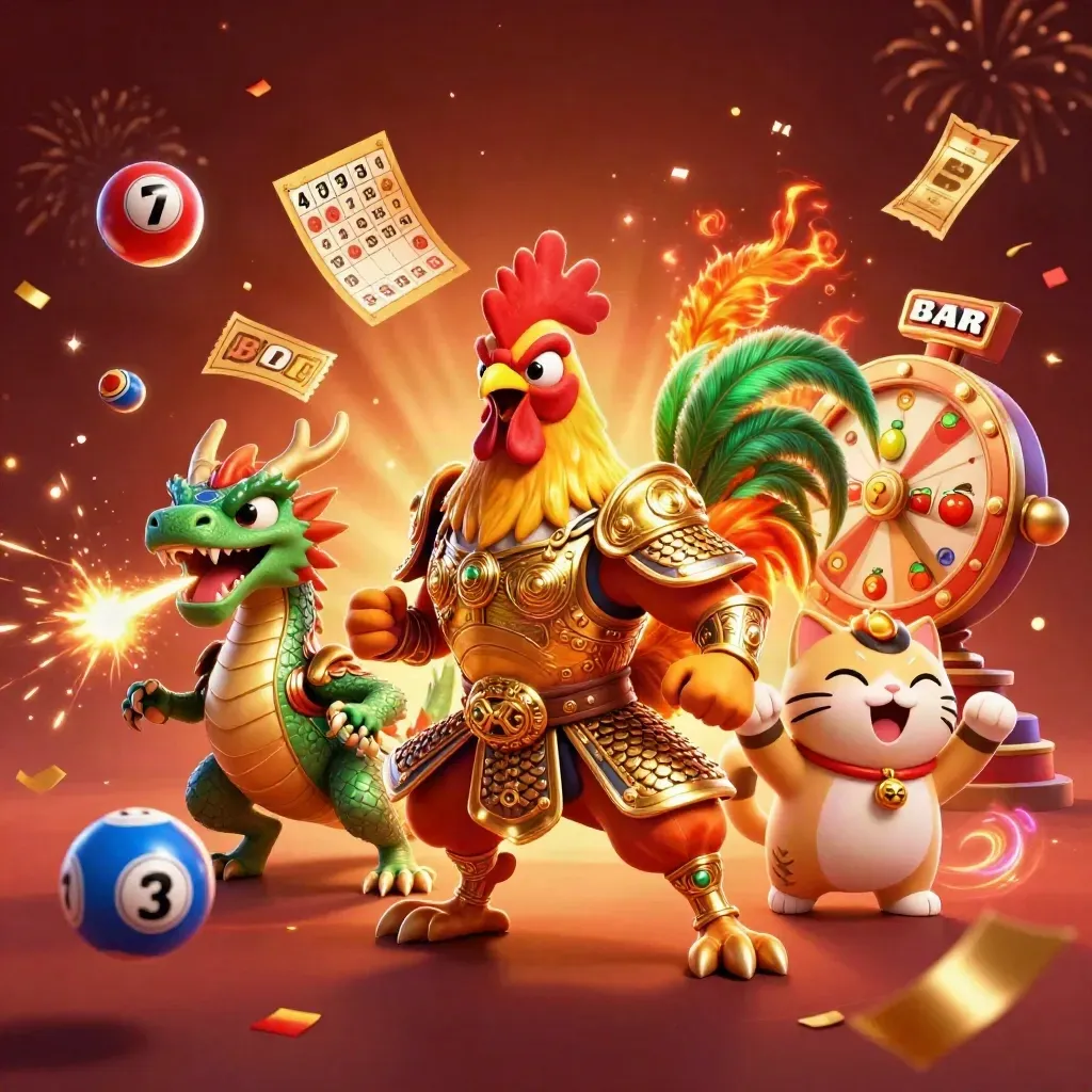 Gouden haan-samurai met draakje en gelukskat tussen casinofeest en vonken.
